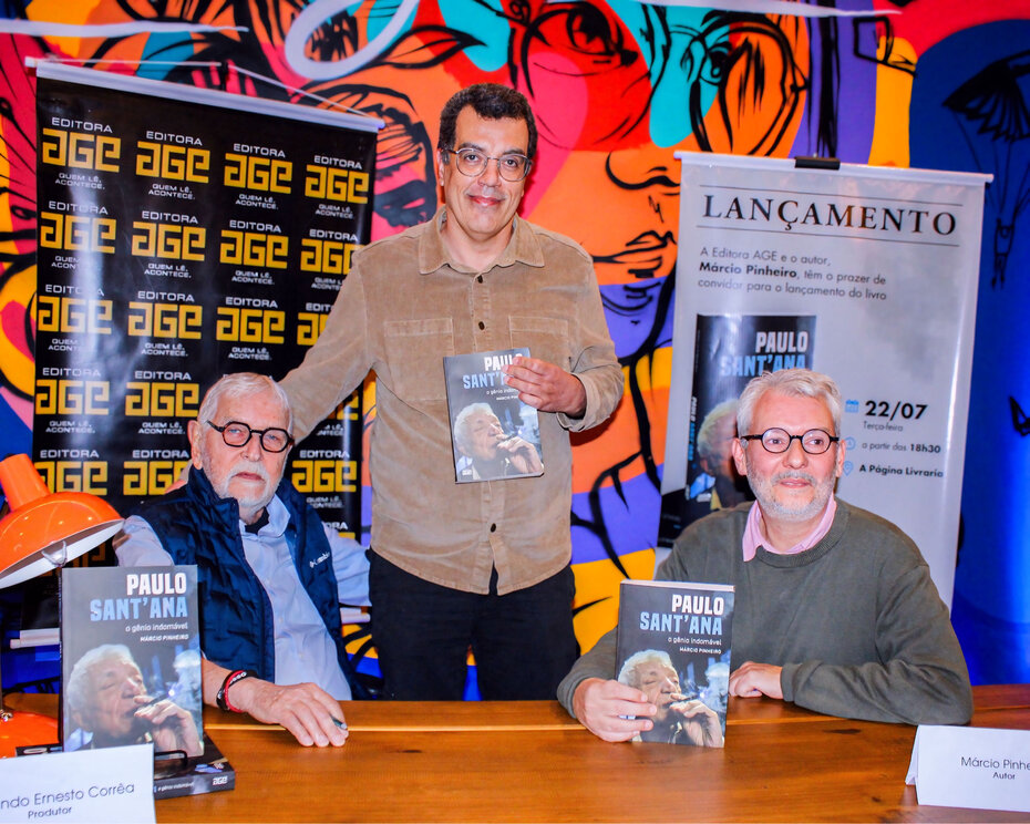 Fernando Ernesto Corrêa, Jorge Sant'Ana, o filho do jornalista biografado, e Márcio Pinheiro (Foto: Cris Avancini/Divulgação)