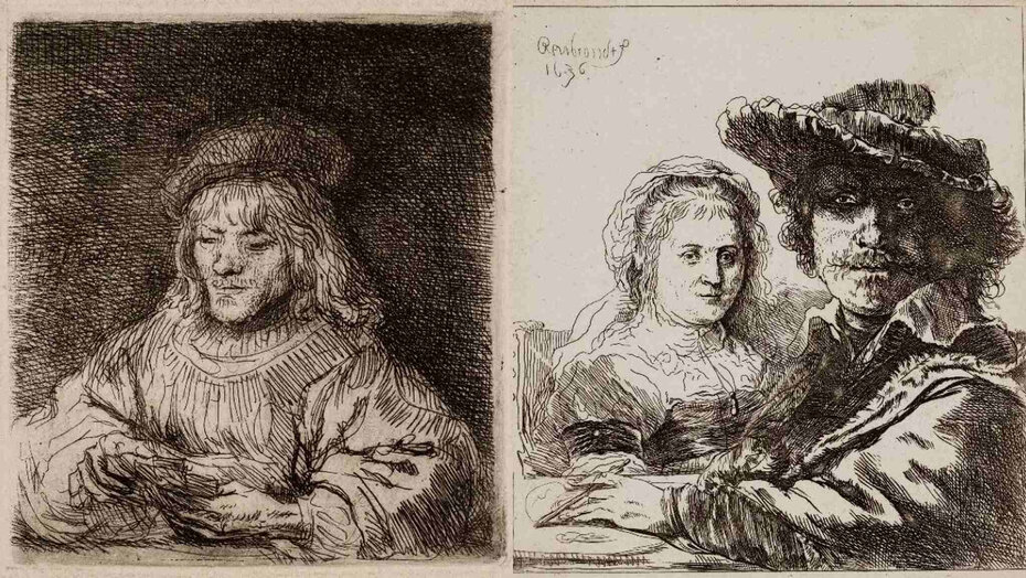 O Jogador de Cartas (1641) e Autorretrato com Saskia (1636) integram a exposição inédita no Brasil (Foto: Divulgação)