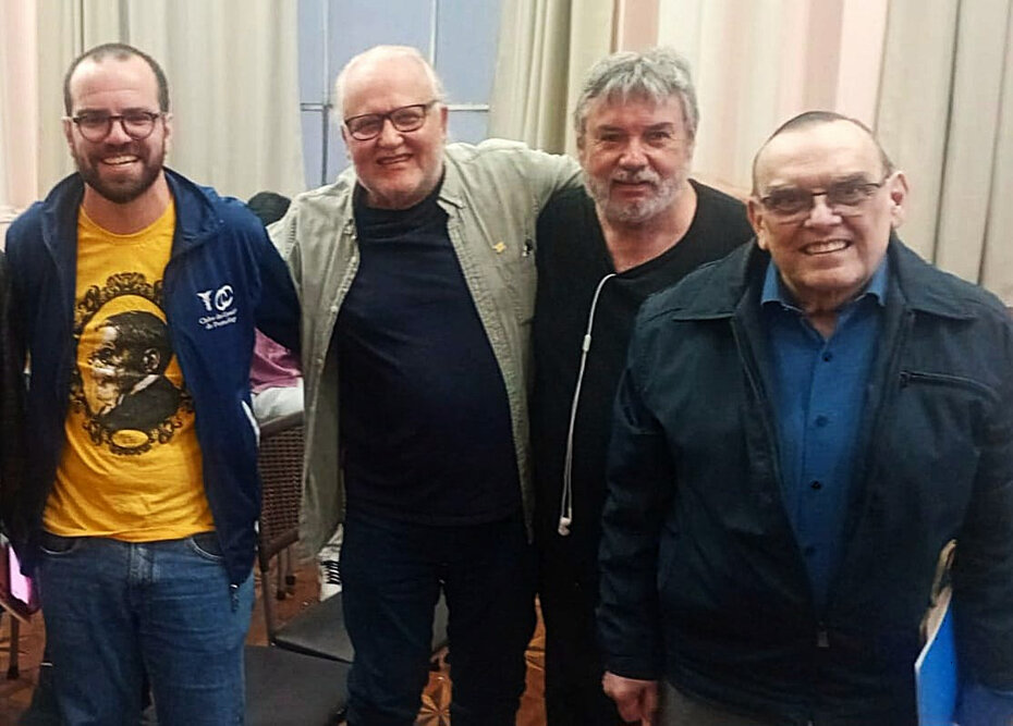 Josué Vieira de Amorim, Pedro Haase Filho, Emilio Pacheco, filho do advogado Ivéscio Pacheco, ex-presidente do Clube do Comércio, e Liberato Vieira da Cunha (Foto: Divulgação) Postar em baixo do item referente ao bate-papo