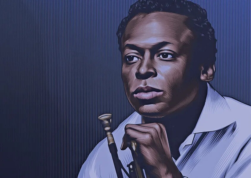 : As reinvenções artísticas de Miles Davis levaram Duke Ellington a chamá-lo de "O Picasso do Jazz". Aqui, o músico em ilustração de Benjamin Wachenje (Foto: Getty Images/Divulgação)